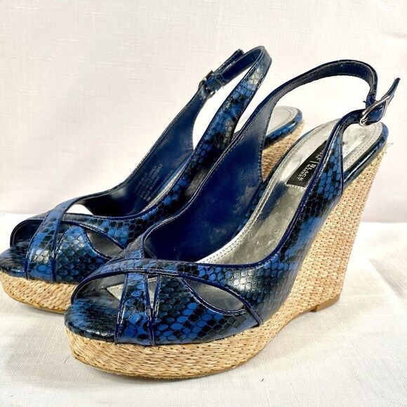 BLUE SNAKESKIN PLATFORM WEDGES BY WHBM SIZE 7M - Picture 2 of 6